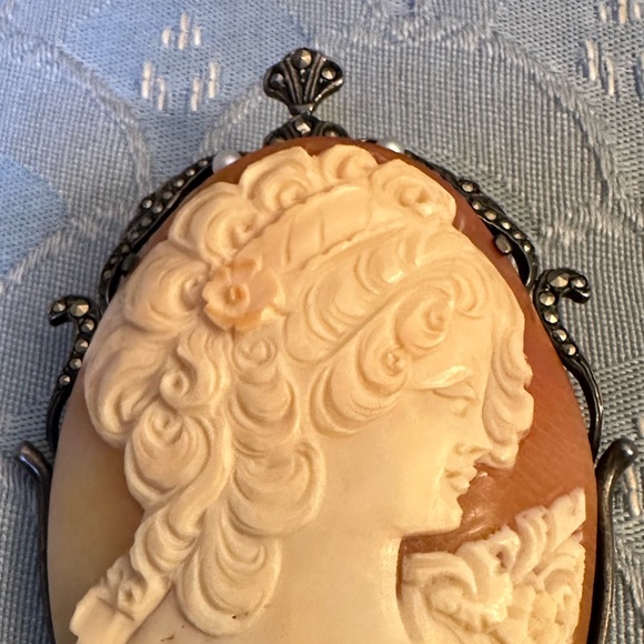 Antique Vintage Womens Pin Pendant 925 Sterling Silver Shell Cameo Brooch - Picture 4 of 16